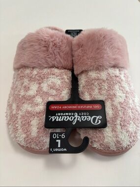 dearfoams Pink Leopard Plush Cuff Memory Foam Slippers